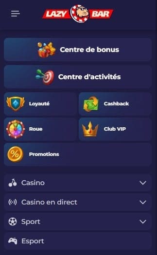 Lazybar Casino menu
